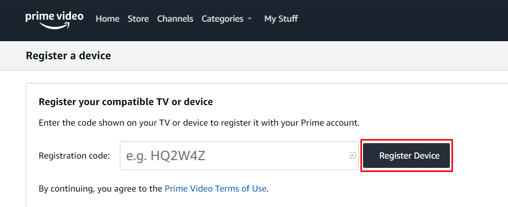 Click Register Device to activate the Amazon Prime app