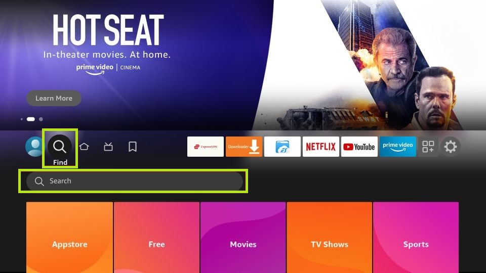 Click the Search bar to download the Silk browser on Firestick 