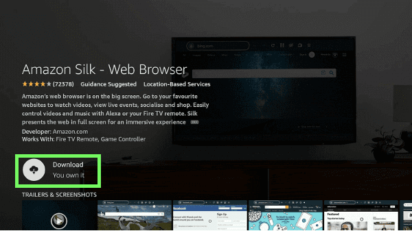 Click Download to install the Silk browser on Firestick