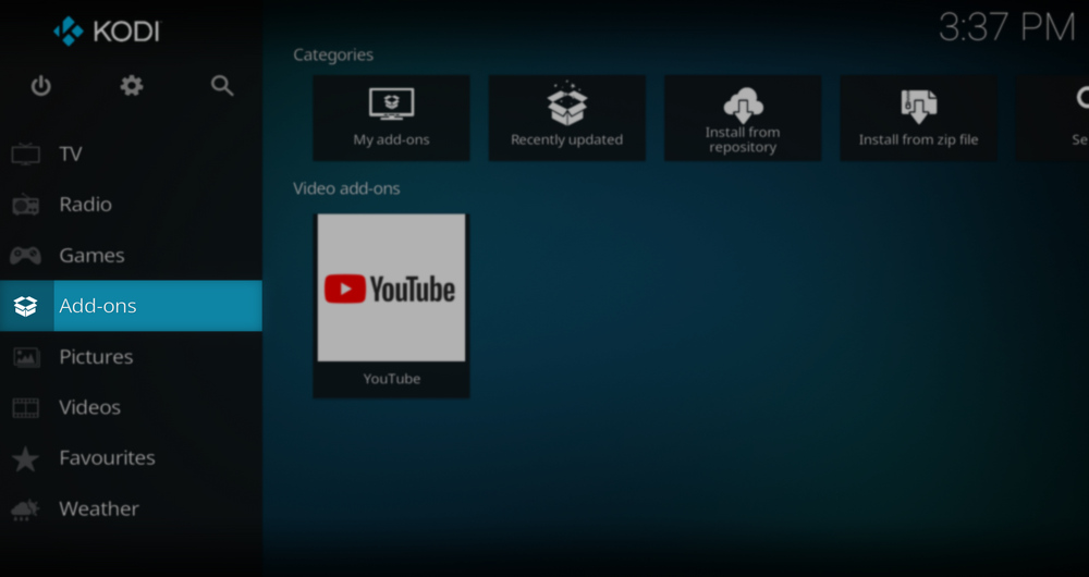 Click Addons to install the SuperRepo on Kodi