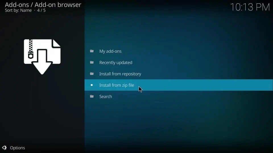 Choose Install from zip file to download SuperRepo on Kodi