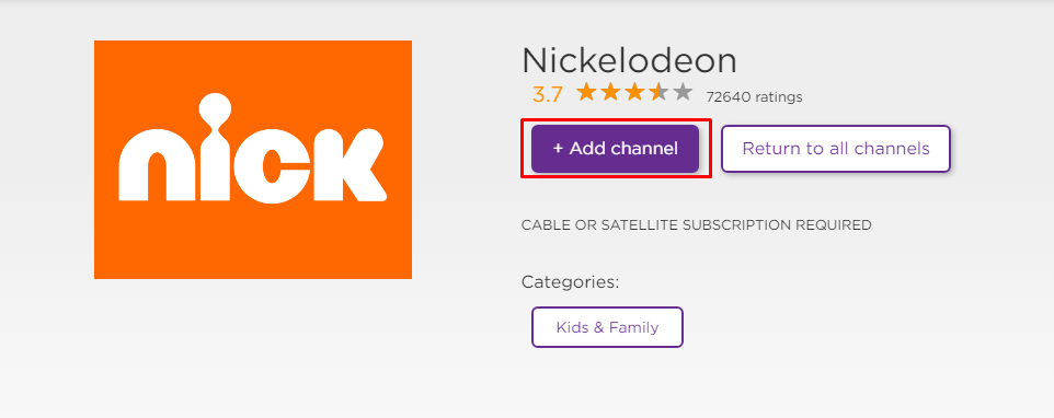 Click Add Channel to install Nick on Roku