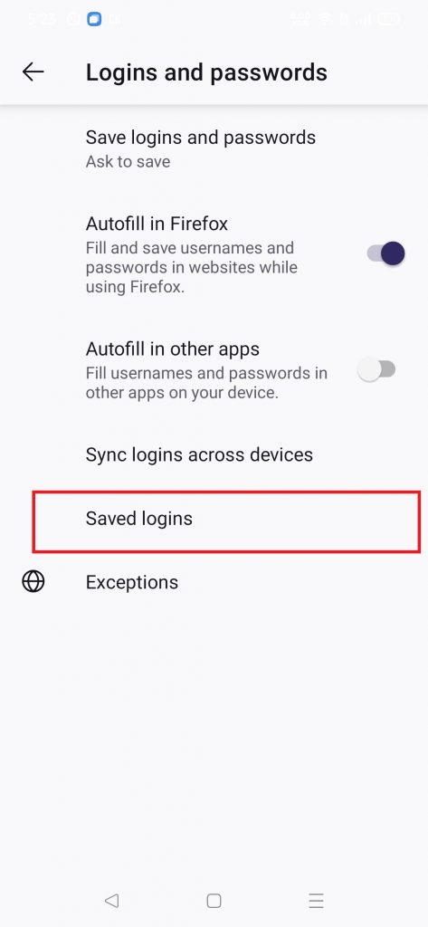Tap on Saved logins to Save Passwords on Firefox 