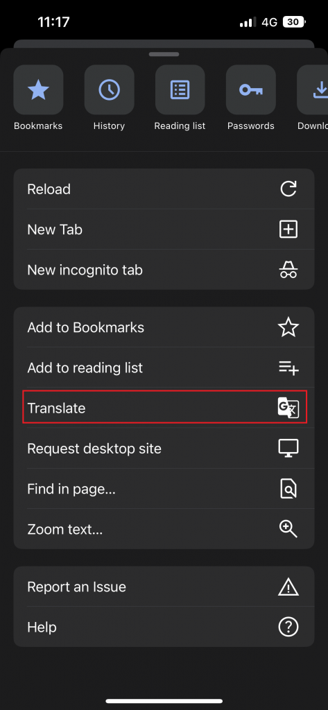 Click on the option Translate to translate a page on Chrome