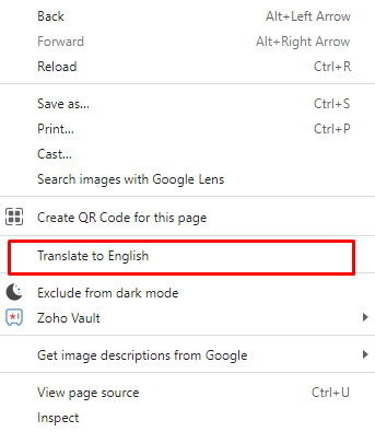 Click on the option Translate to translate a page on Chrome