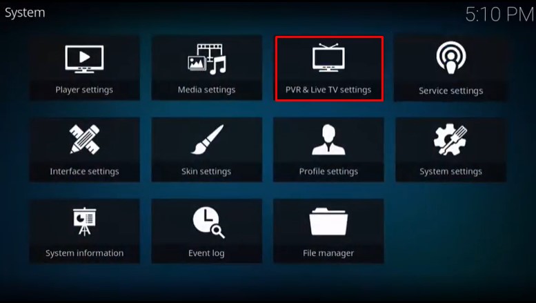 Select PVR & Live TV settings to set Kodi Parental Controls