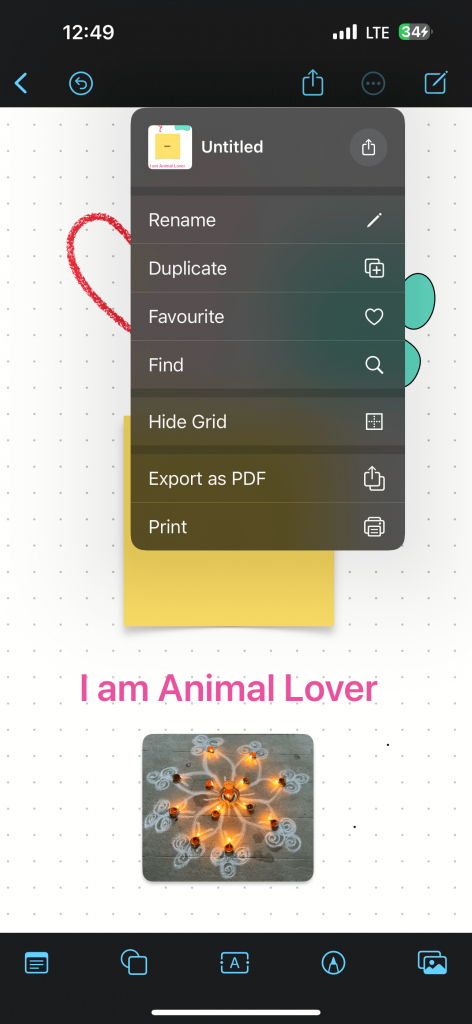 Dots icon on Freeform to rename, favorite and to export as PDF