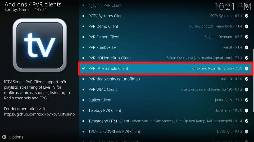Click on PVR IPTV Simple Client