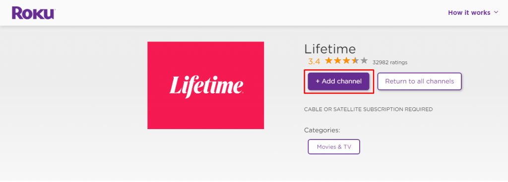 Click Add channels to download Lifetime on Roku