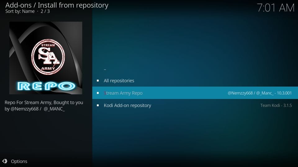 Select the repository to install Nemesis Addon on Kodi
