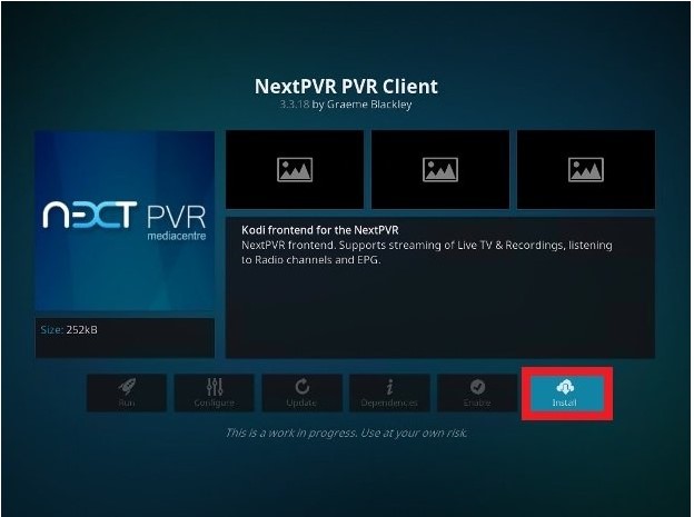 Choose Install option to get NextPVR on Kodi