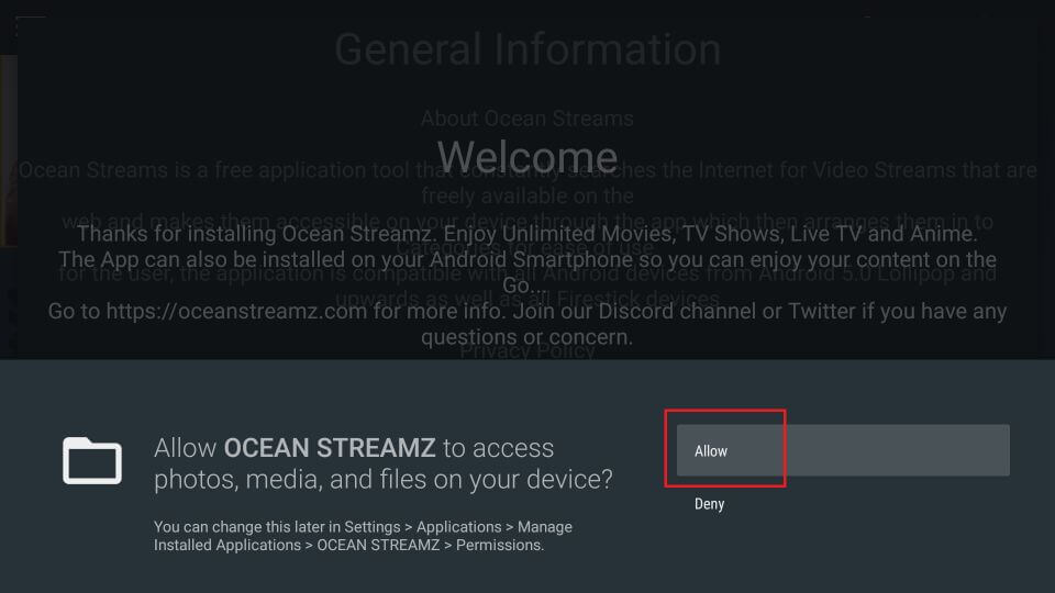 Allow Ocean Streamz to access your media files to watch on Firestick