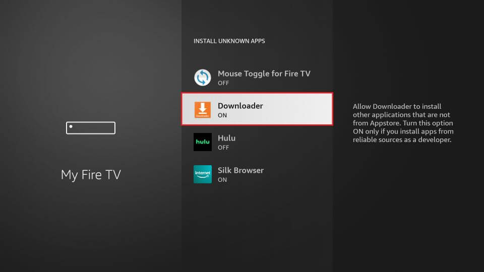 Enable Downloader to turn on to install Ocean Streamz on Firestick