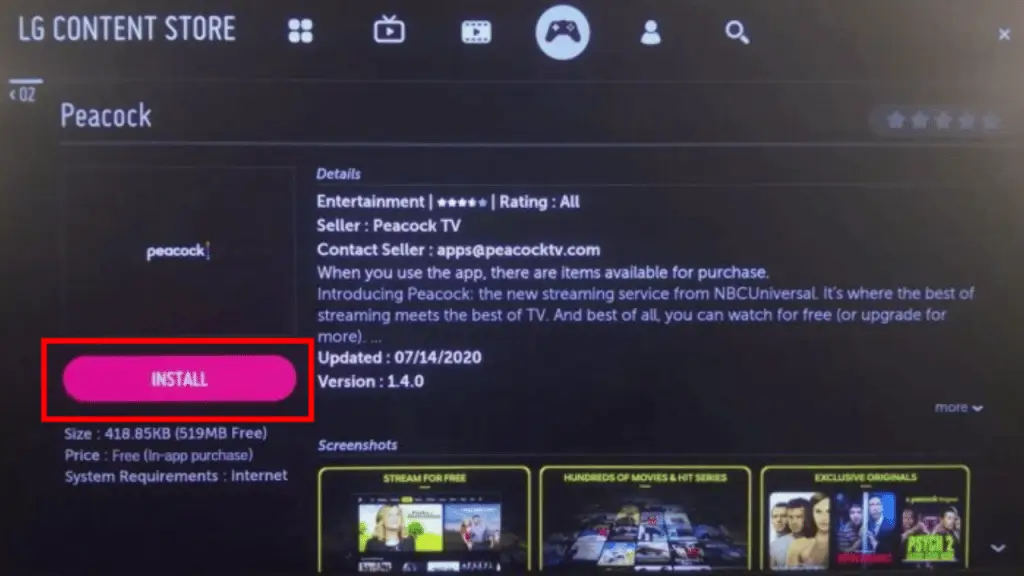 Tap Install to get Peacock on LG TV