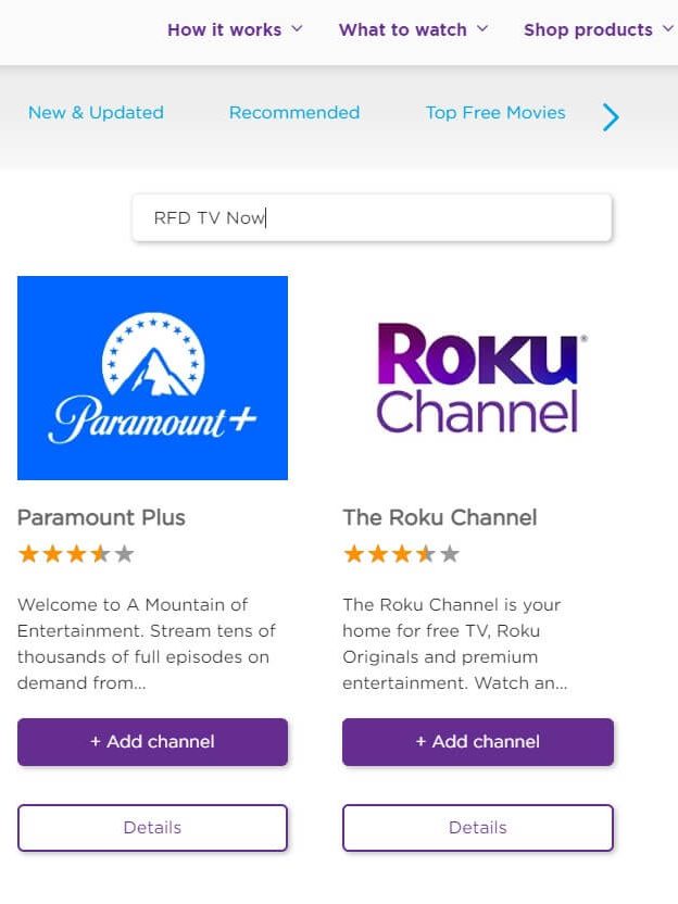 Search for RFD TV Now app on Roku Channel Store