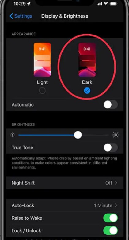 iPhone settings dark mode