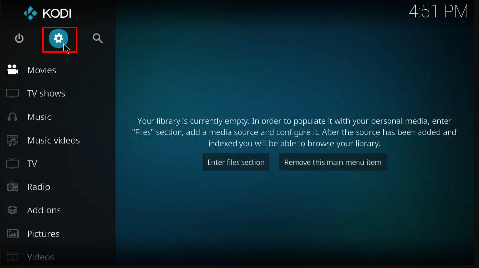 Click the Settings icon on Kodi 
