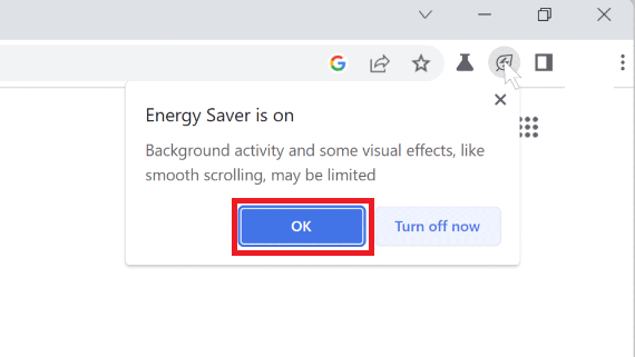 Click Ok to enable battery saver mode