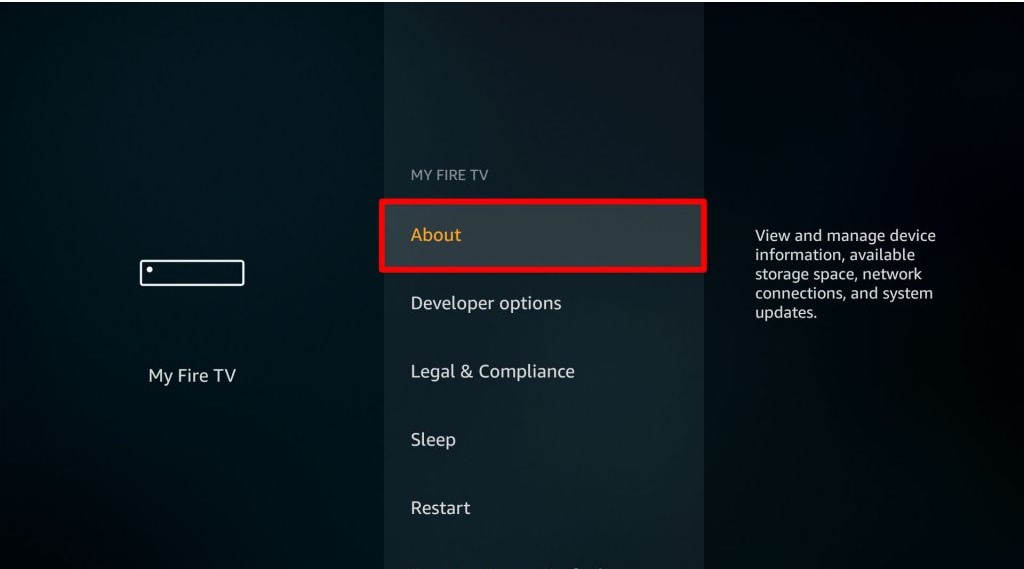 Choose About option on Firestick OS