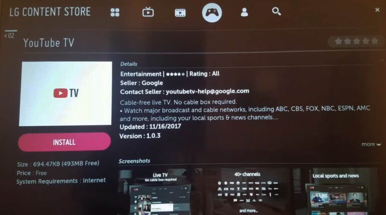 Click Install to download YouTube TV on your LG Smart TV
