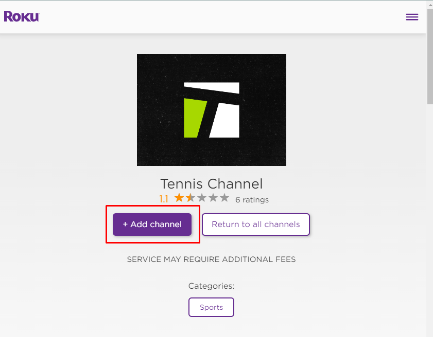 add channel to install  install Tennis Channel on Roku