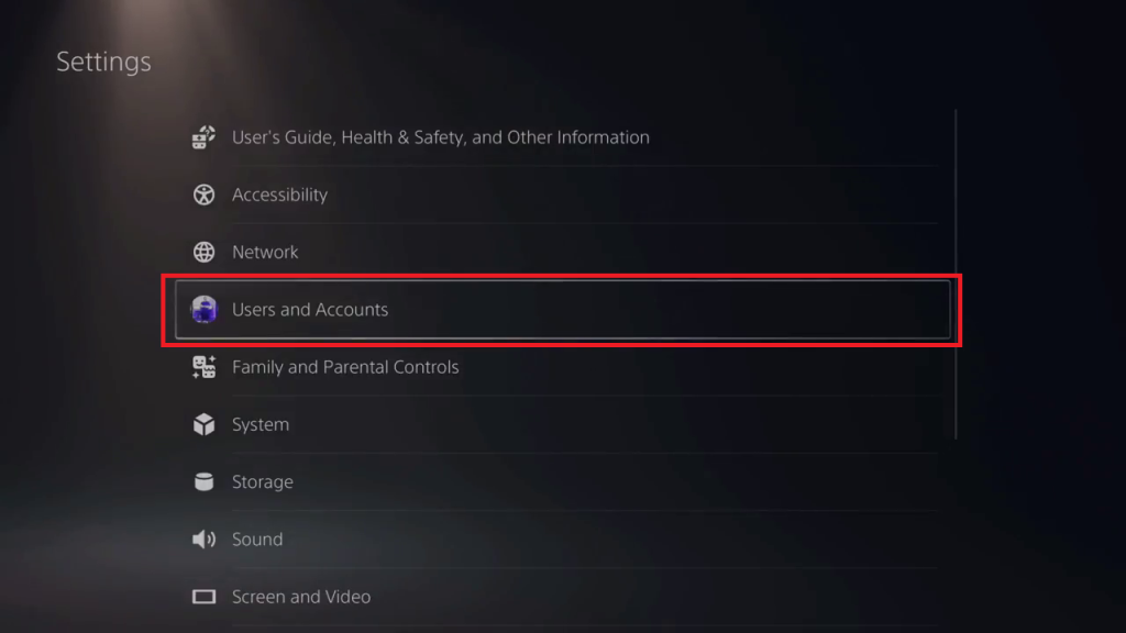 Tap the User and Accounts to activate Primary on PS5