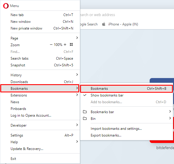 Select Bookmarks to view the saved bookmarks in Opera