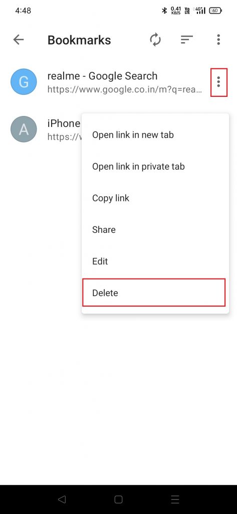 Tap delete to delete the bookmarks in Opera