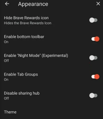 Night Mode Experimental to enable dark mode on Brave