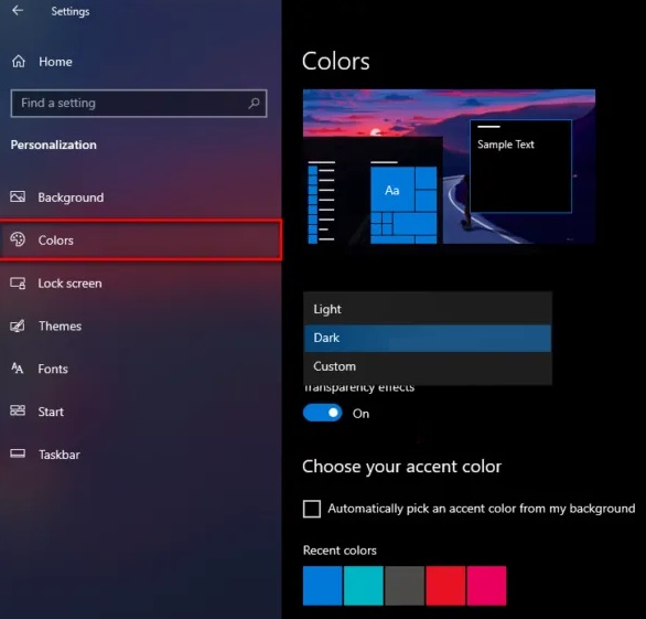 Select Dark theme on Windows