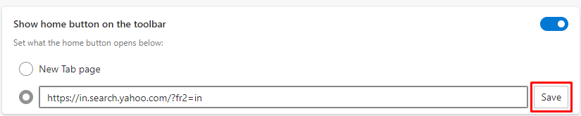 Click save to change the homepage in Edge