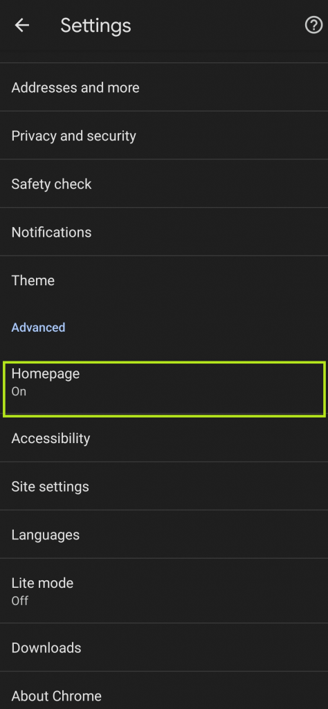 Select Homepage under Advanced. 