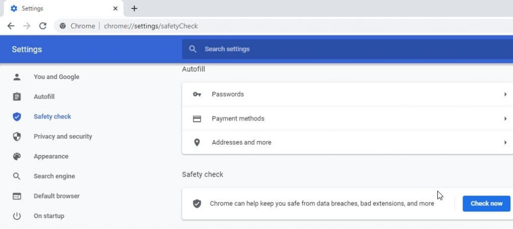 Google Chrome safety check
