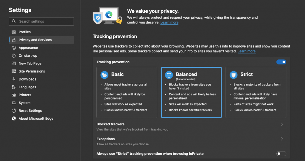 Microsoft Edge Tracking Prevention