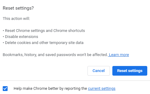 Click Reset settings to confirm