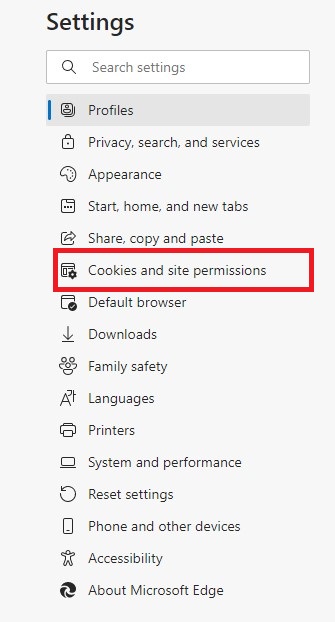Select Cookies &Site Permission to Enable Cookies in Microsoft Edge