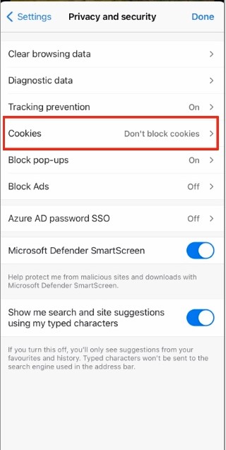 Choose Don't block cookies   to Enable Cookies in Microsoft Edge