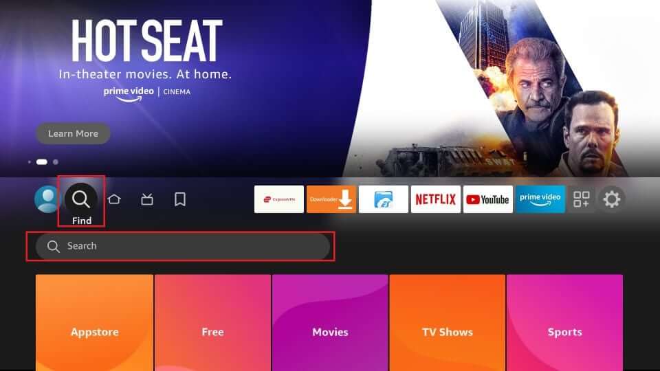 Select Find icon on Firestick Home Page