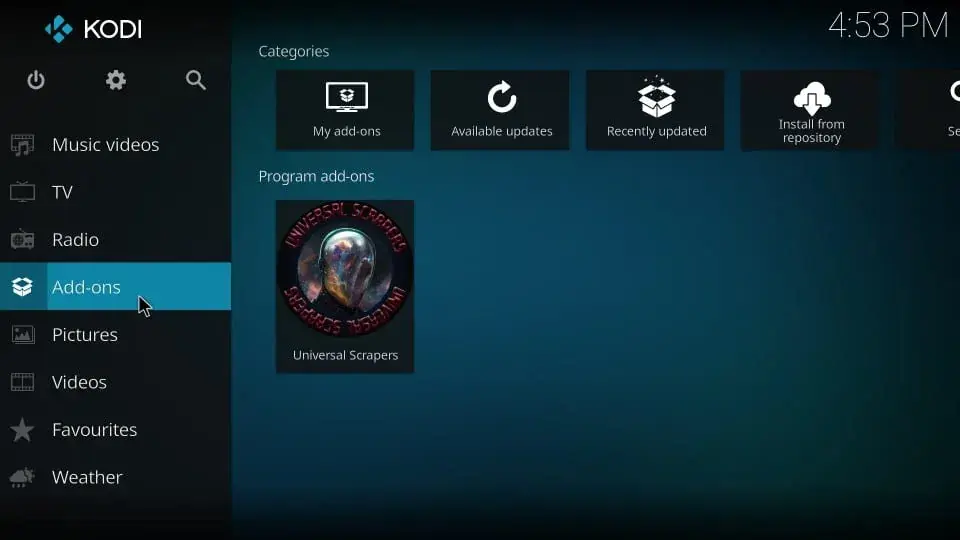 Select Addons from Kodi Home page