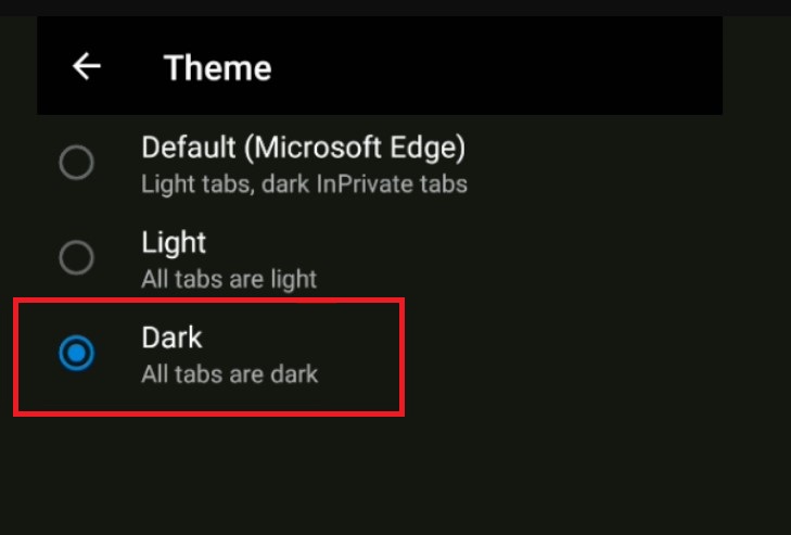 Edge dark mode Android