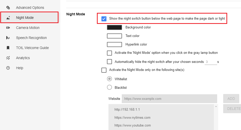 Tick the check box near Show the night switch button below the web page to make the page dark or light