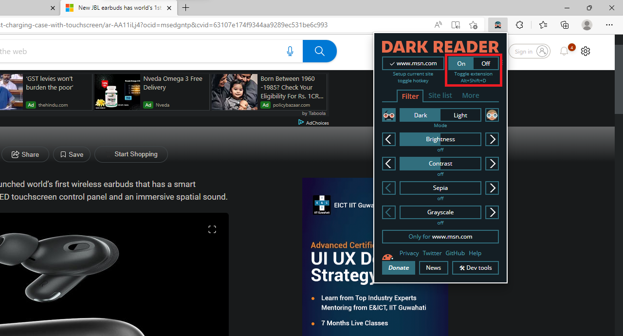 Complete dark mode is enabled on Edge browser
