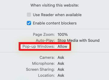 Tap Allow Disable Pop-up blocker 