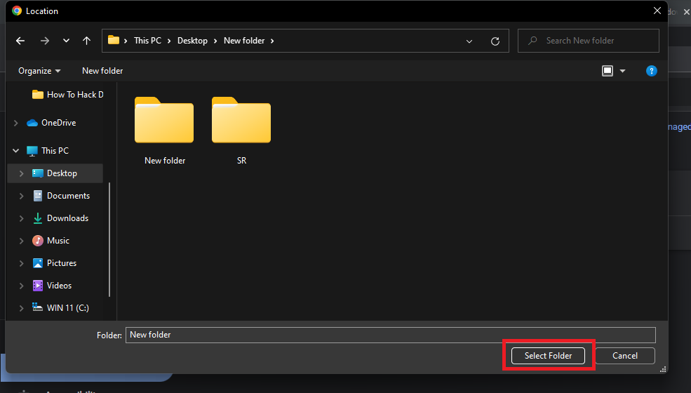 Select the preferred download location folder