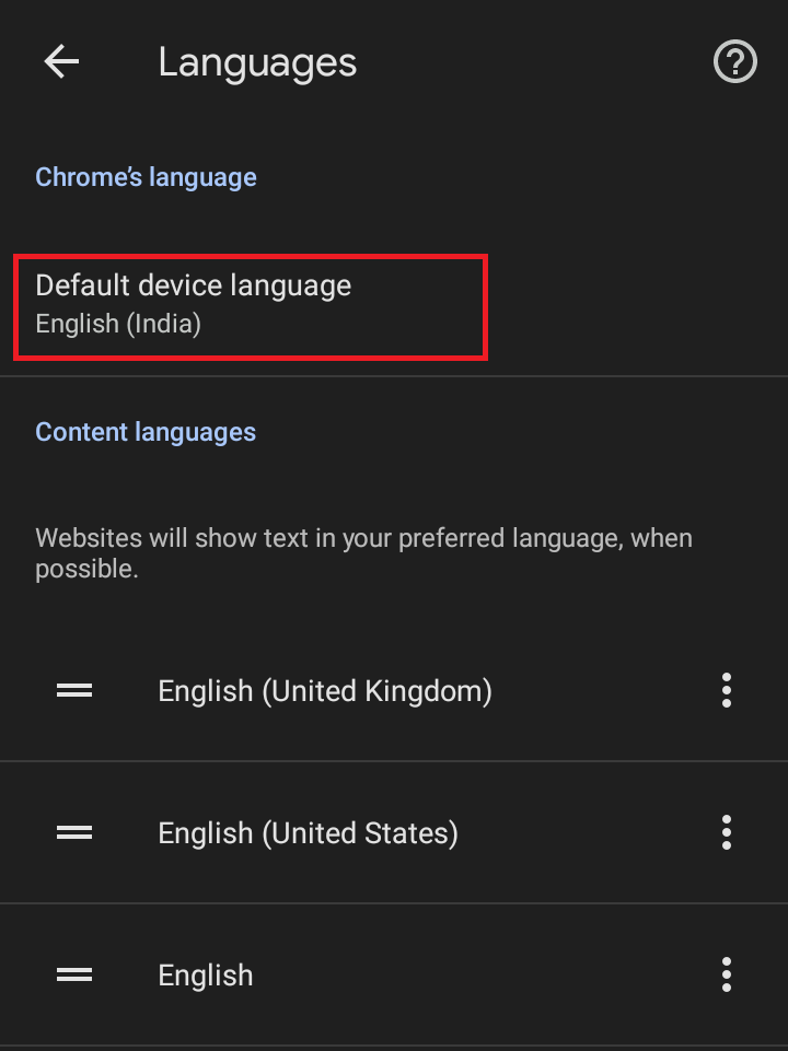 Choose preferred Default device language 