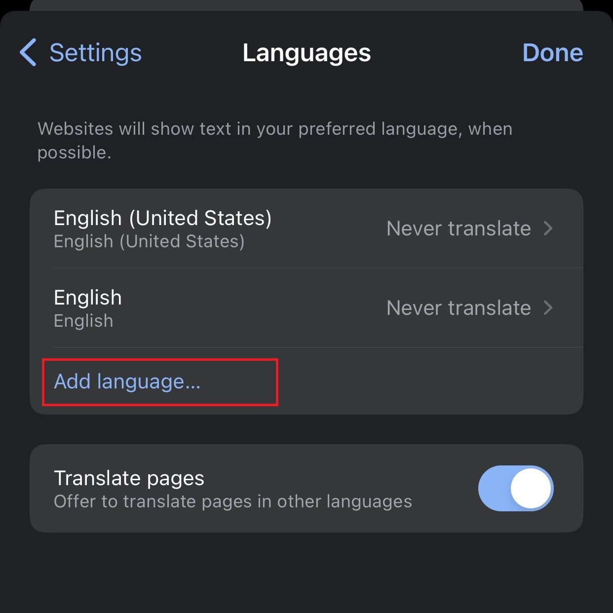 Tap on Add language on iOS