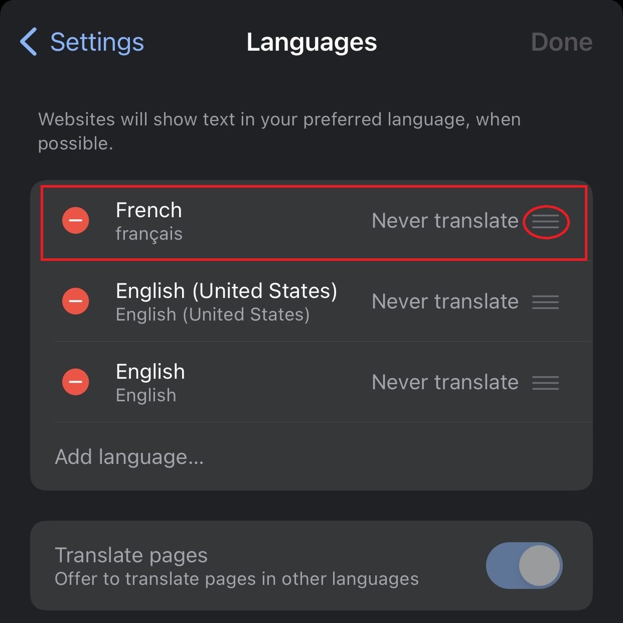 Drag the preferred language to the top to change language in Google chrome