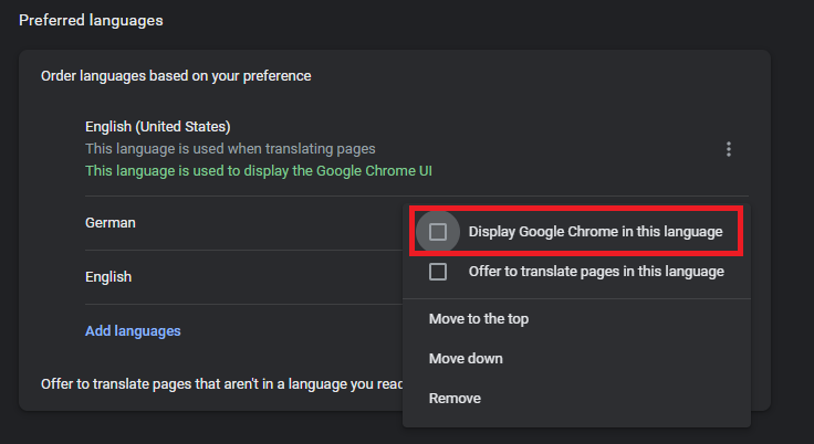 Tick Display Google Chrome in this language