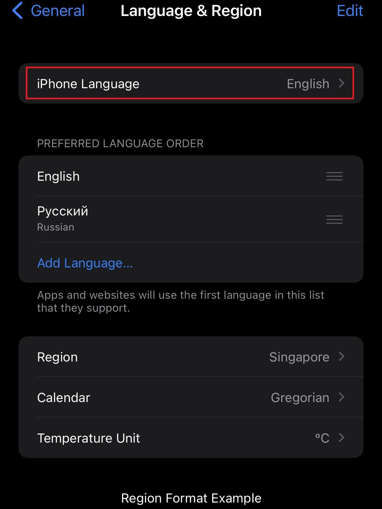 Tap on iPhone Language to change language in Google chrome