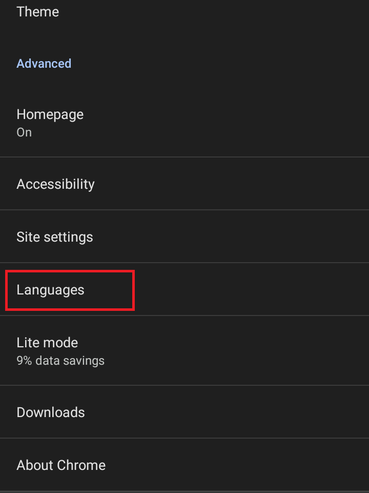 Tap on Languages under Chrome Settings